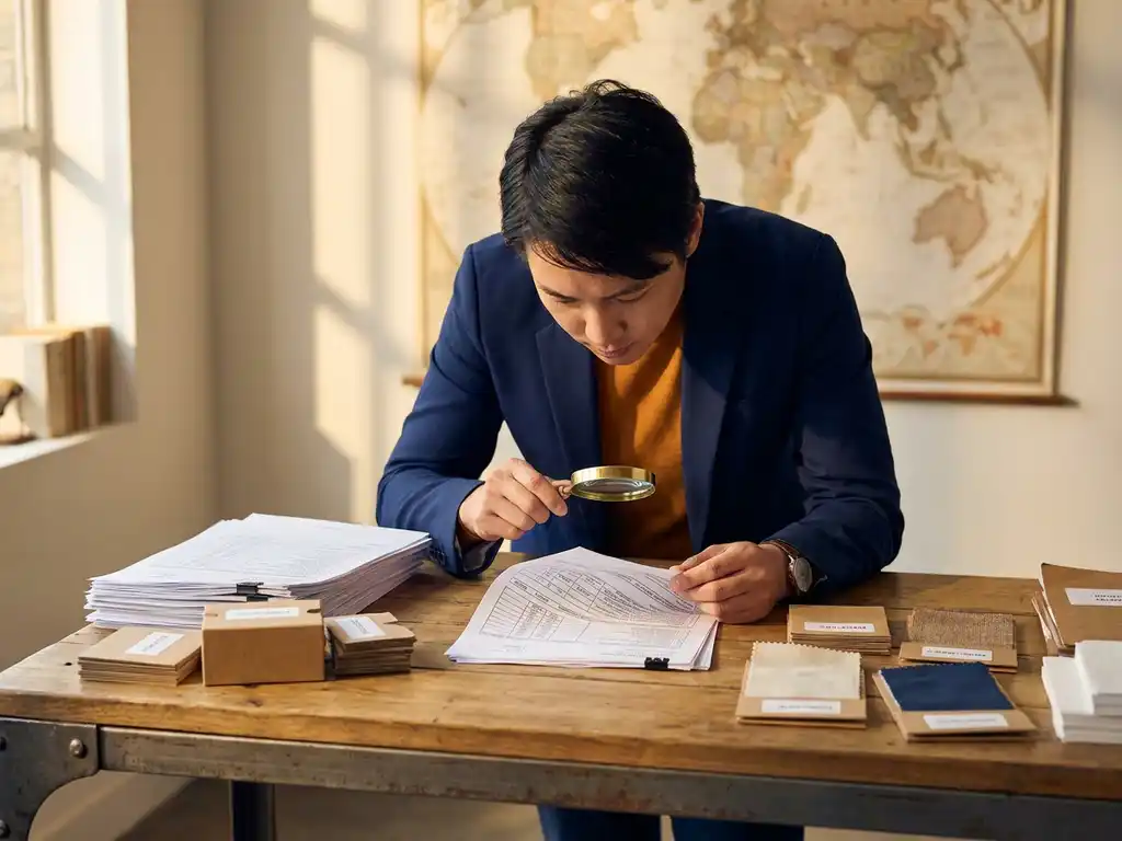 Inkoopmanager bestudeert leveranciersdocument met vergrootglas, omgeven door verzendmanifesten en productmonsters, wereldkaart op achtergrond.