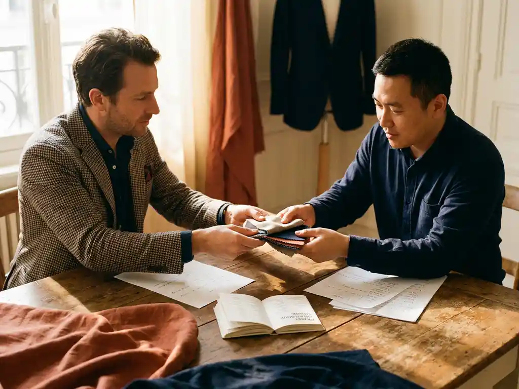 Europese inkoopmanager en Chinese fabrieksvertegenwoordiger die productmonsters en specificatiebladen uitwisselen aan een houten tafel.