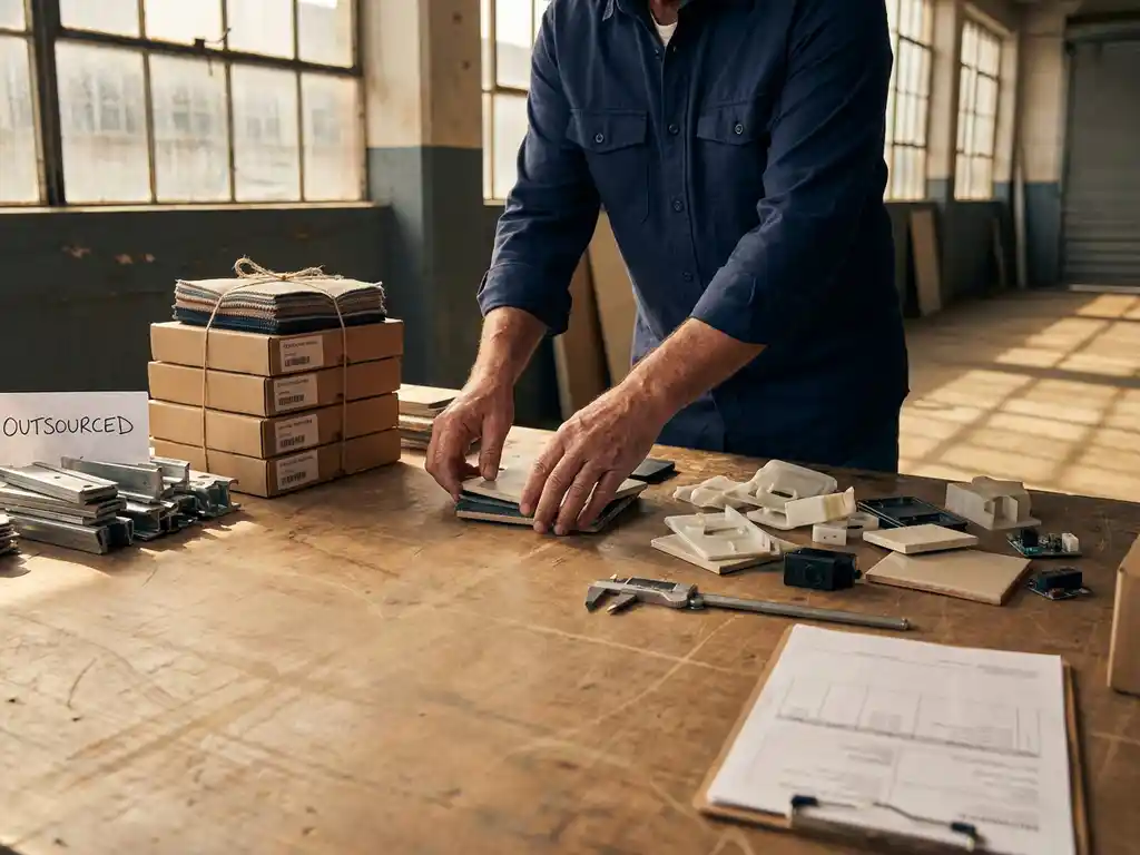 Inkoopmedewerker sorteert productmonsters op magazijntafel met meetschuifmaat en verzenddocumenten in gouden middaglicht.