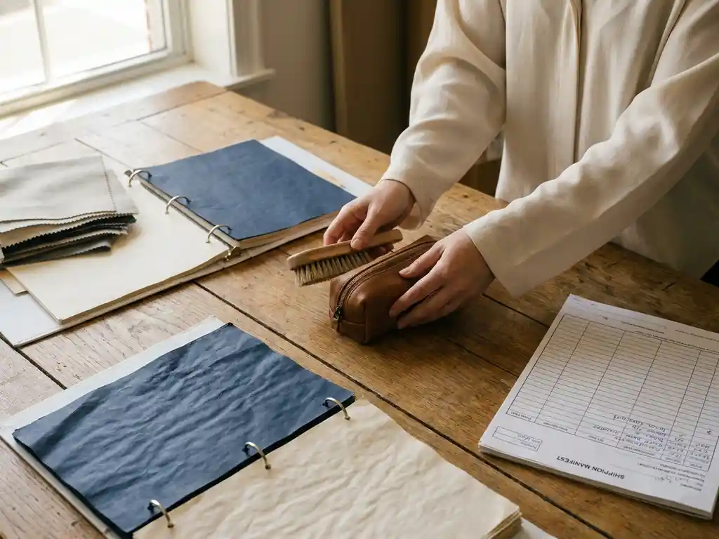 Inkoopspecialist onderzoekt productmonsters op eikenhouten tafel met leveranciersdocumenten, reisaccessoire en huishoudelijk artikel in warm natuurlijk licht.