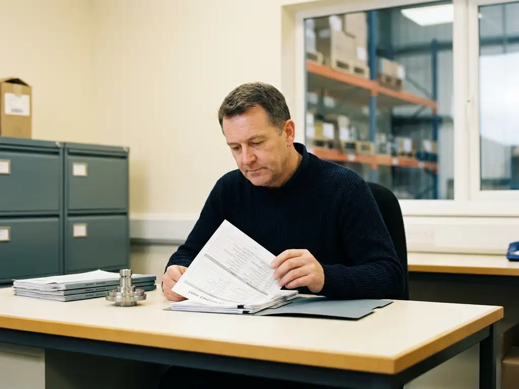 Inkoopmanager bestudeert leveranciersreferentieblad aan industrieel bureau met productmonster en verzenddocumenten.