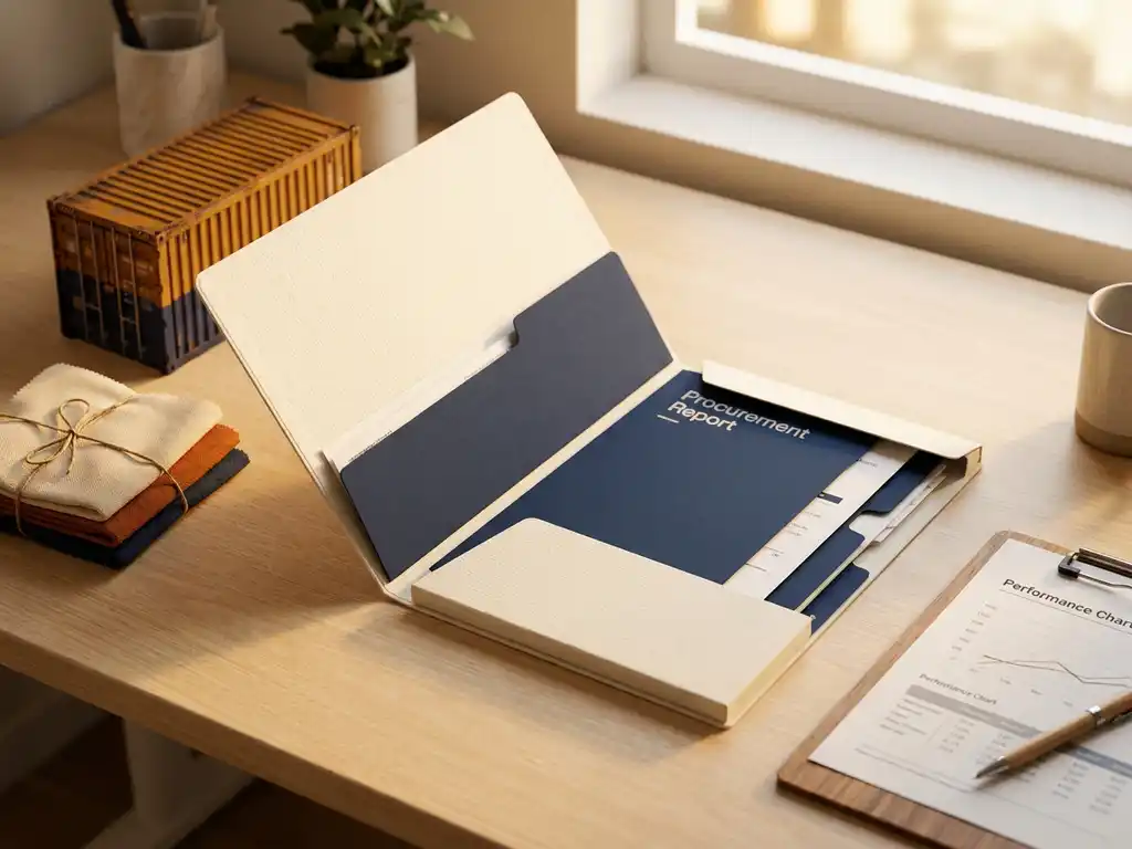 Open inkooprapportmap op modern bureau met productmonsters, stofstalen en prestatieklembord in warm goudkleurig licht.