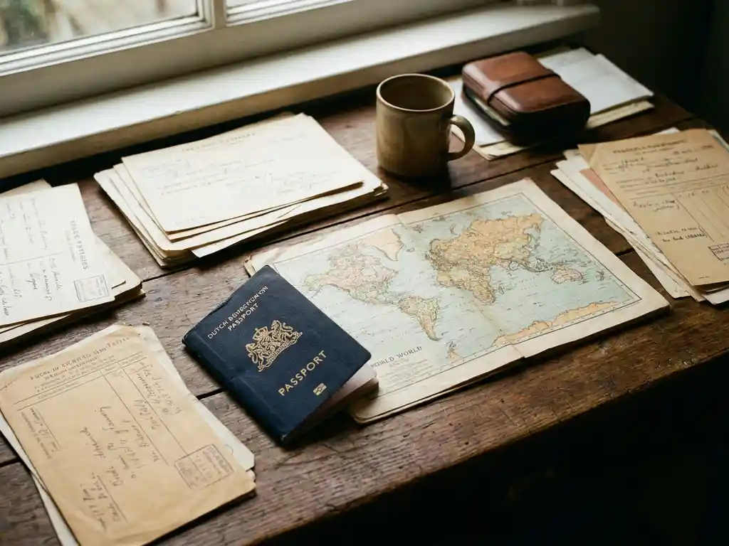 Versleten houten bureau met internationaal handelsdocumenten, Nederlands paspoort en gevouwen wereldkaart naast keramische mok en reisaccessoire.