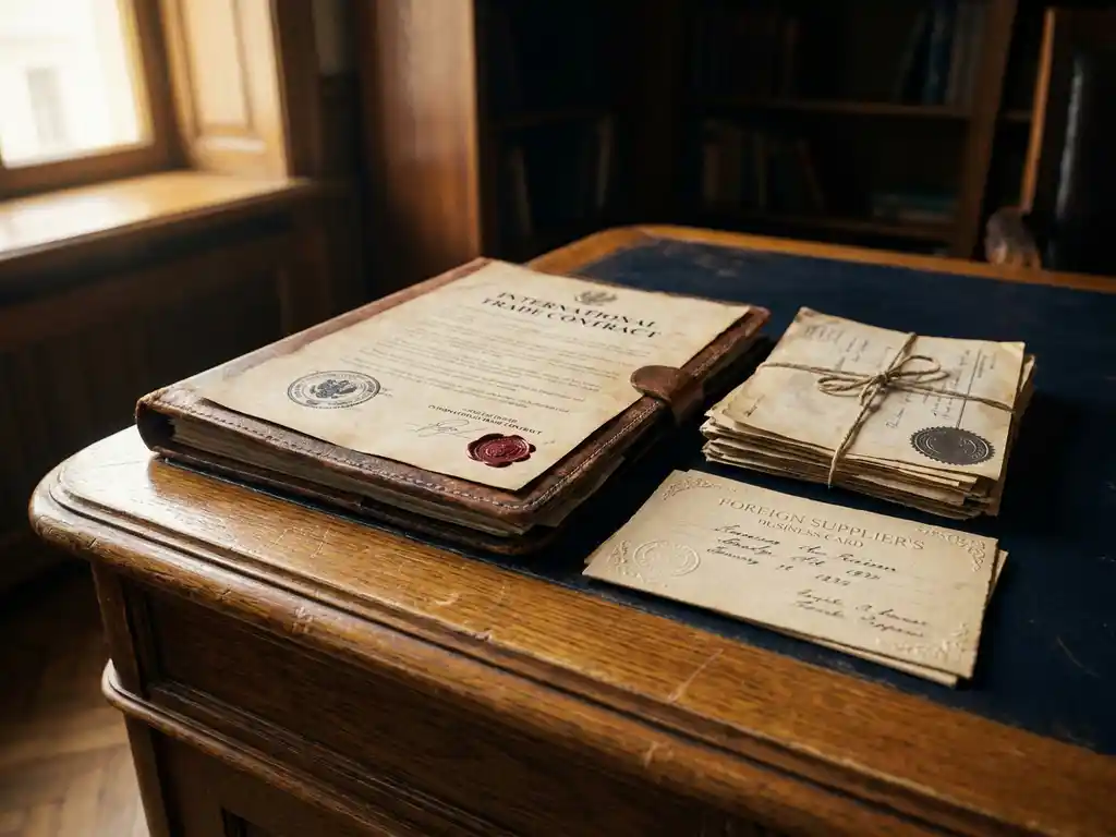 Internationaal handelscontract met douanestempel op houten bureau, naast verzenddocumenten en visitekaartje van buitenlandse leverancier.