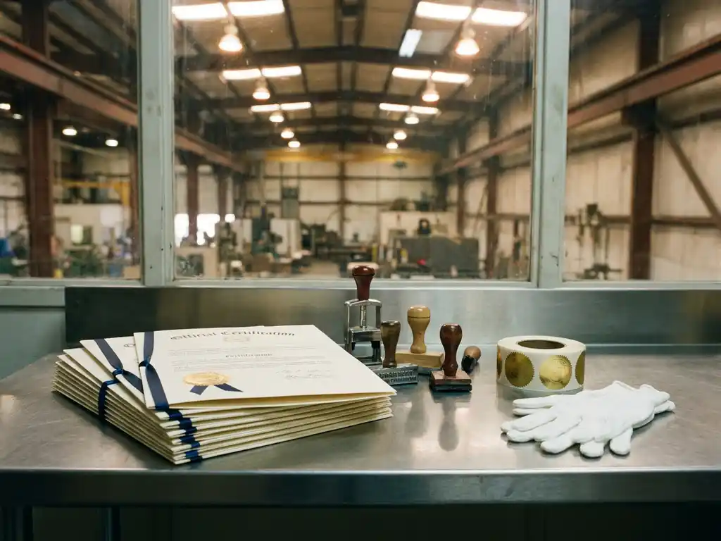 Stapel certificeringsdocumenten met kwaliteitszegels op een inspectietafel, witte katoenen handschoenen ernaast, fabriekshal op de achtergrond.