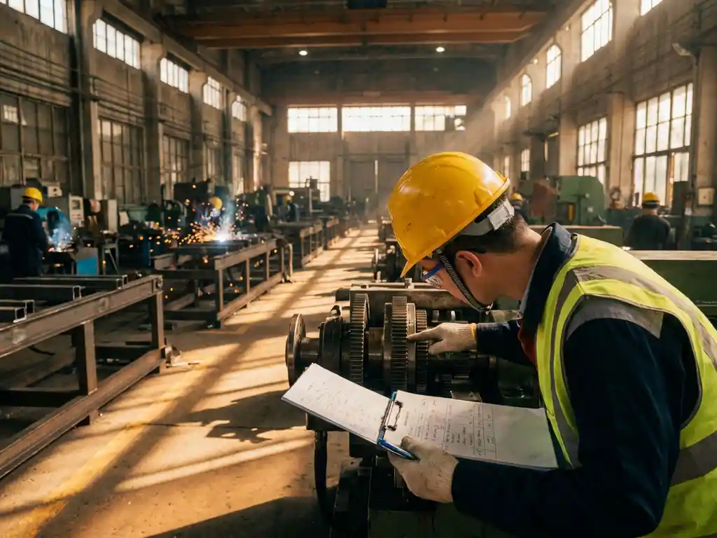 Kwaliteitsauditor met helm en klembord inspecteert industriële machine in grote productiefaciliteit met assemblagelijnen.