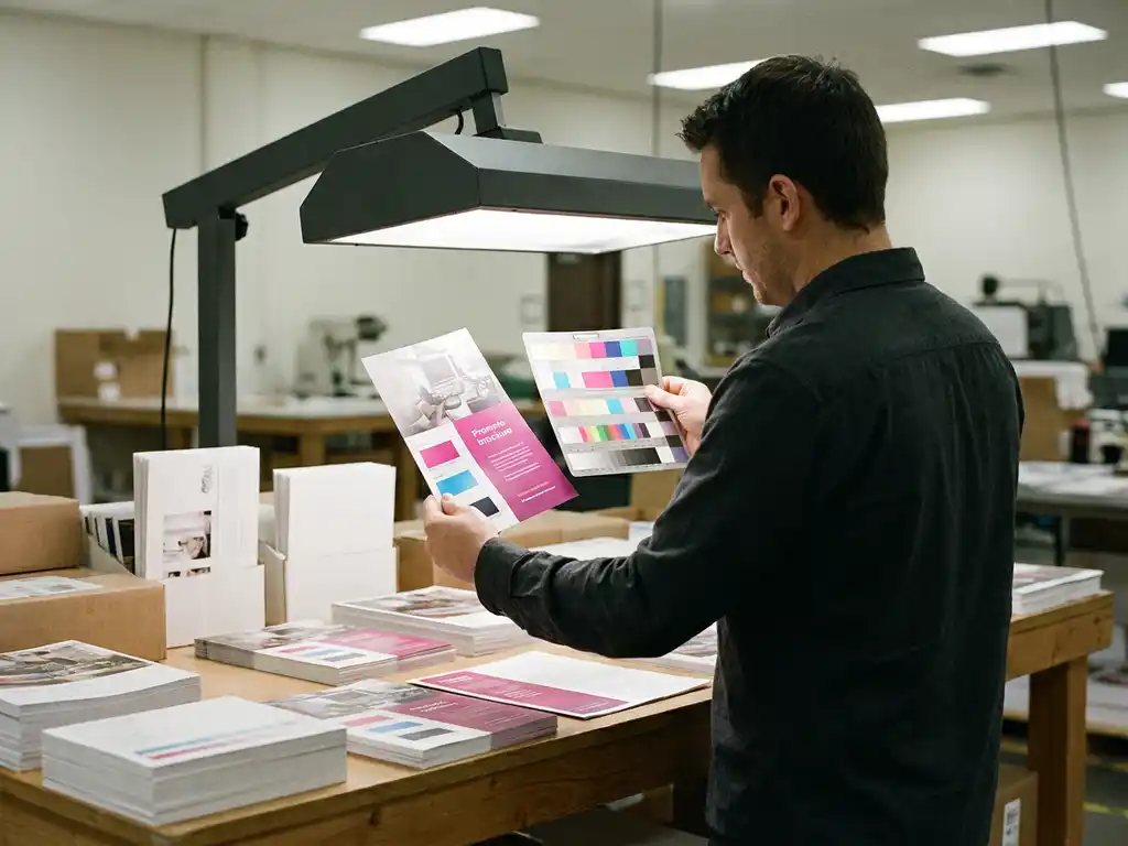 Kwaliteitscontroleur vergelijkt magenta en cyaan inktmonsters op promotiemateriaal met een referentiekaart onder studioverlichting.