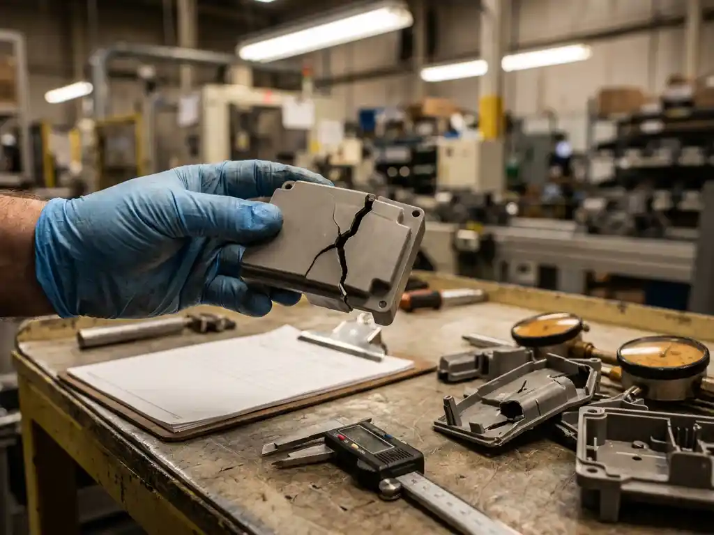 Kwaliteitscontroleur in handschoenen houdt gebarsten plastic behuizing boven inspectietafel met schuifmaten en afgekeurde onderdelen.