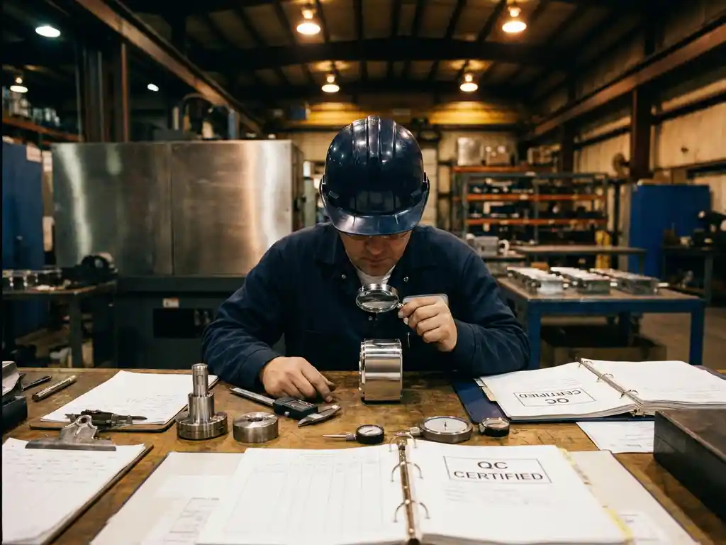 Kwaliteitscontroleur met helm inspecteert precisieproduct op fabriekstafel met schuifmaten en certificeringsdocumenten.