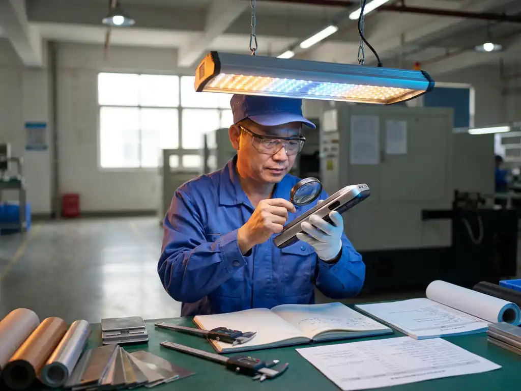 Kwaliteitscontroleur in Chinese fabriek inspecteert productprototype onder industriële verlichting, werkbank met meetgereedschap en specificaties op de voorgrond.