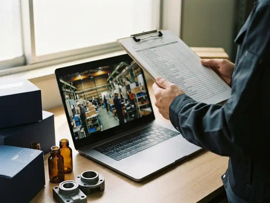 Kwaliteitscontroleur houdt klembord met checklist boven fabriekshal, laptop en verzenddozen op modern bureau op de voorgrond.