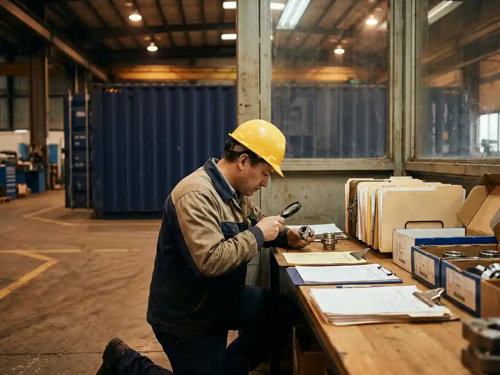 Kwaliteitscontroleur met helm inspecteert productmonsters op fabrieksvloer, stapels klemborden en documenten op tafel, vrachtcontainer op achtergrond.