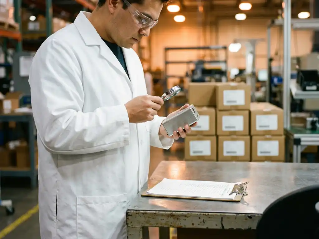 Kwaliteitscontroleur in witte jas inspecteert consumentenproduct op fabriekswerkvloer, klembord op stalen werkbank.