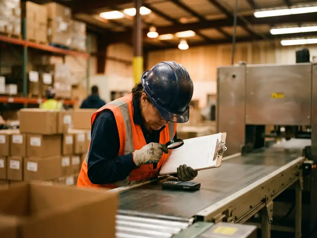 Kwaliteitsinspecteur met helm en veiligheidsvest controleert product op productielijn, klembord in hand, omgeven door verpakte goederen.