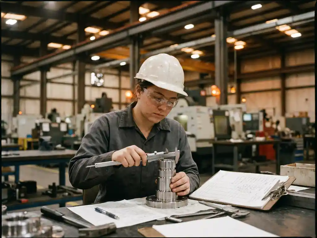 Kwaliteitscontroleur met helm inspecteert productmonsters op fabriekswerkvloer, klembord en schuifmaat op tafel.