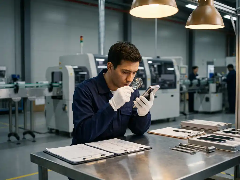 Kwaliteitscontroleur met witte handschoenen inspecteert consumentenproduct aan stalen werktafel in fabriek.