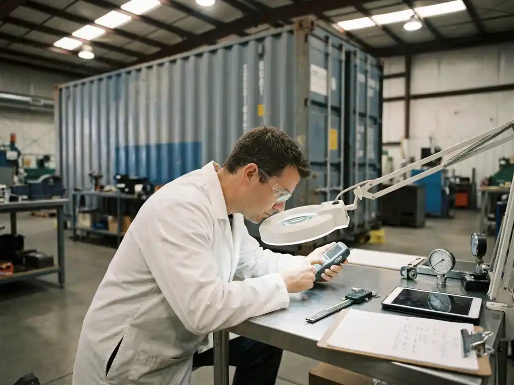 Kwaliteitscontroleur in witte labjas inspecteert consumentenproduct op fabriekslocatie, met klembord en meetinstrumenten op de voorgrond.