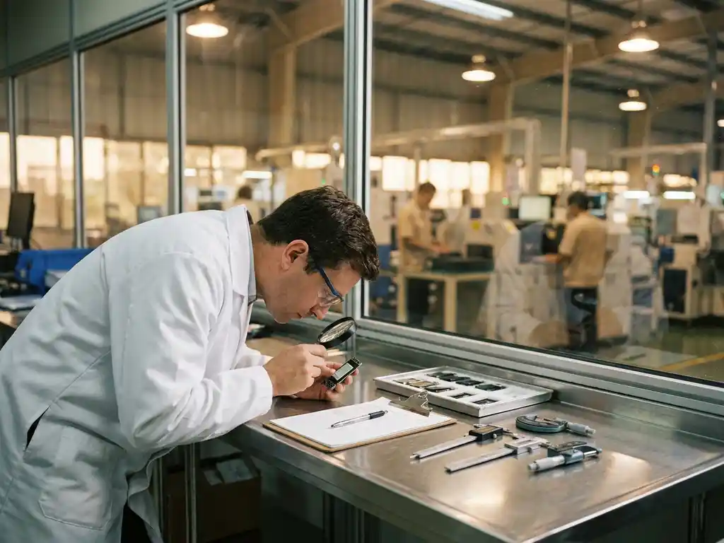 Kwaliteitscontroleur in witte jas inspecteert productmonster op werktafel met klembord en meetgereedschap, fabriekshal op achtergrond.