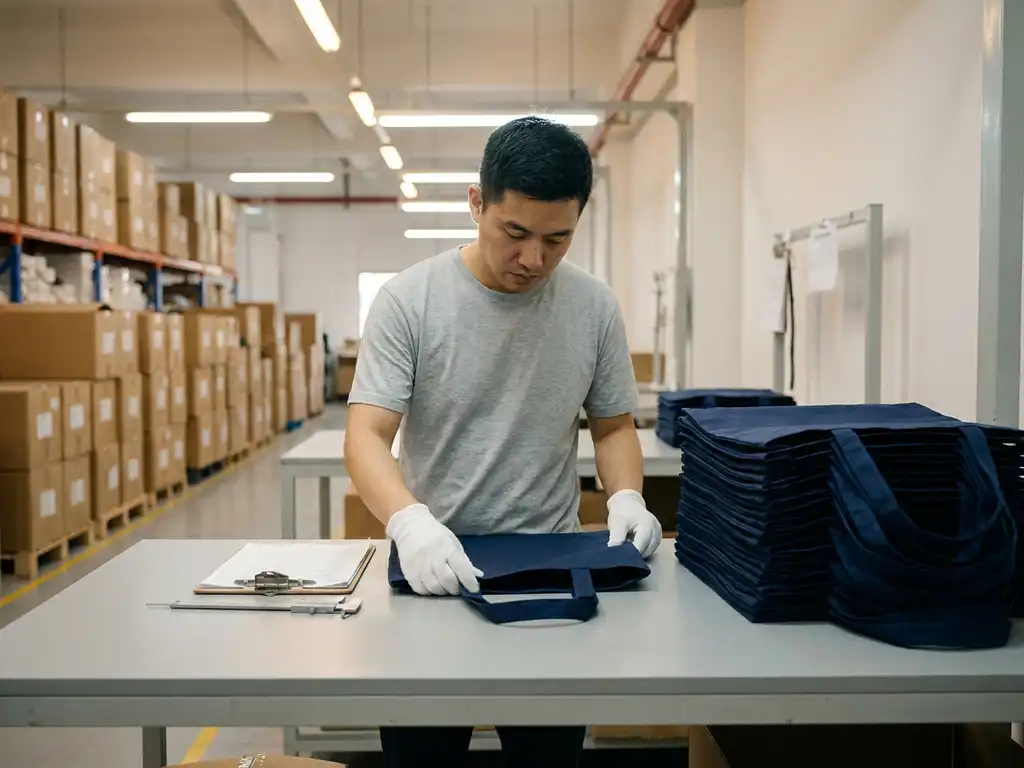 Kwaliteitscontroleur met witte handschoenen inspecteert promotionele katoenen tas op fabriekswerktafel met klembord en meetgereedschap.