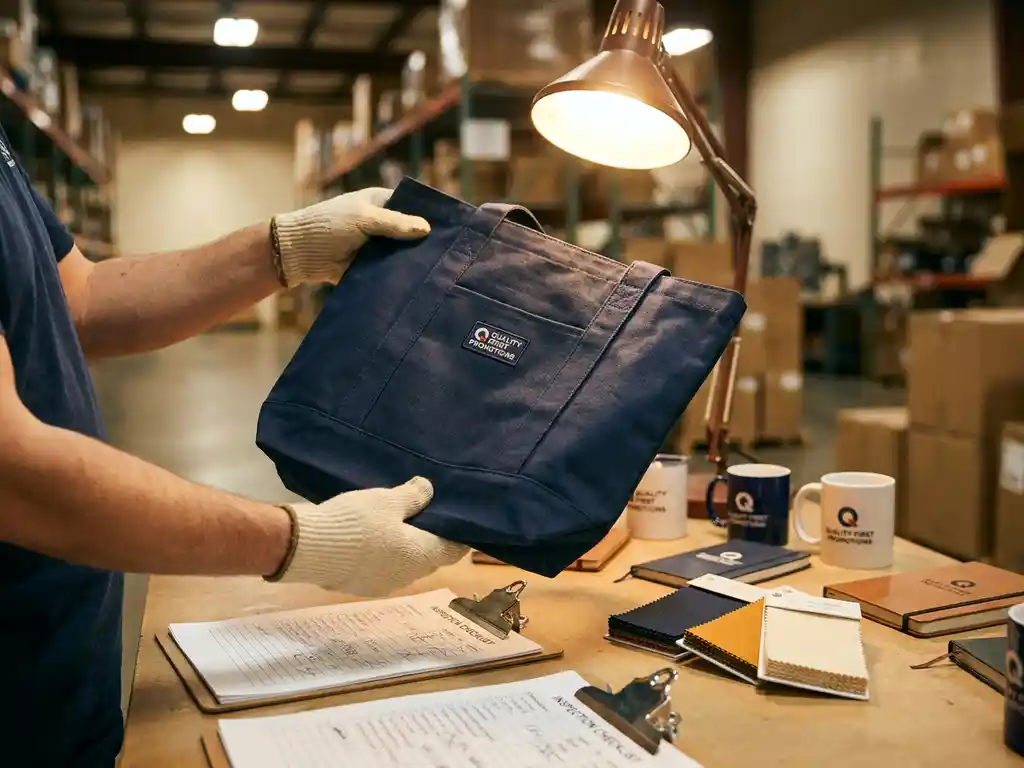 Kwaliteitscontroleur in handschoenen inspecteert promotionele tote bag onder fel licht, met keurlijsten en stofstalen op magazijntafel.