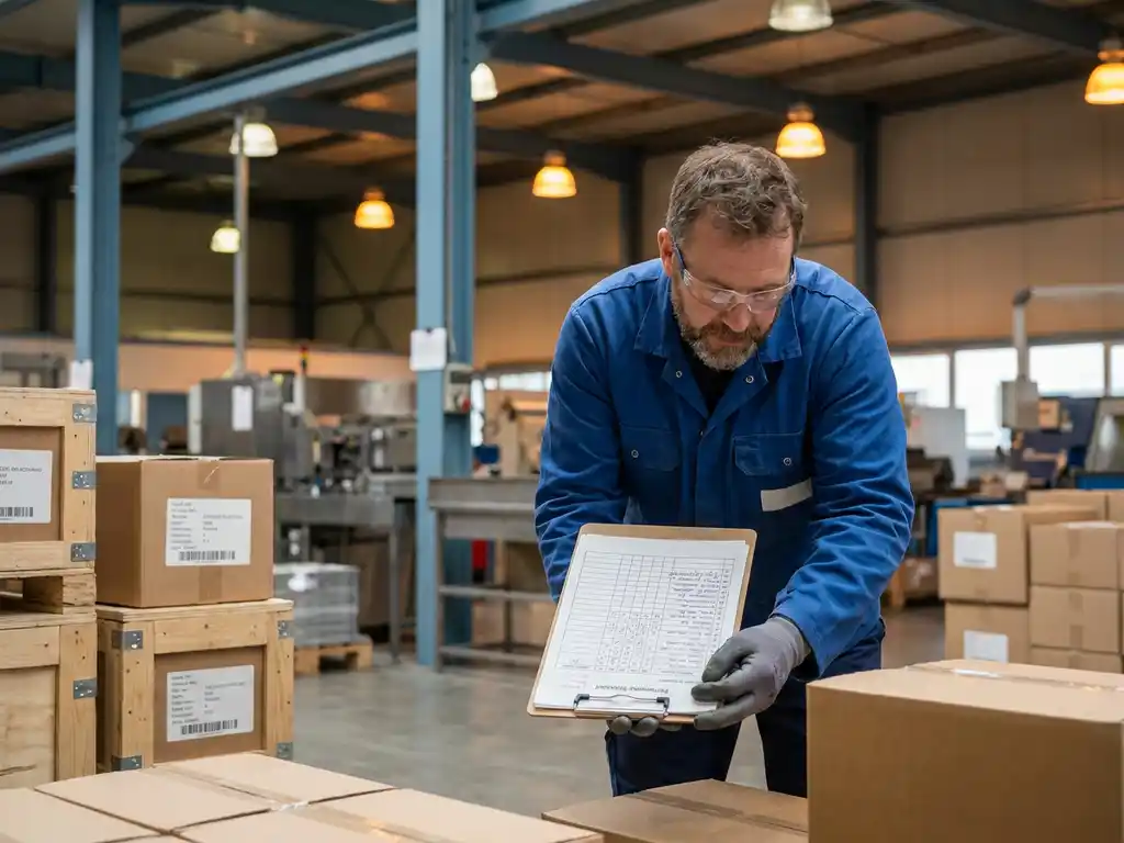Kwaliteitscontroleur in moderne fabriek die scorecard op klembord inspecteert, omringd door productstalen en verzenddozen.