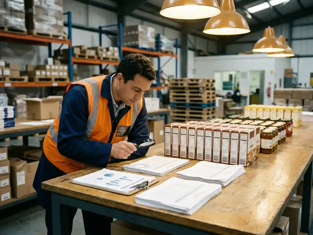 Kwaliteitsmanager inspecteert productierapportages op fabriekstafel met productmonsters en klembord, industrieel magazijn op de achtergrond.