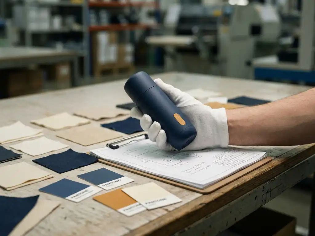 Kwaliteitscontroleur houdt gebrandmerkt productmonster vast op inspectietafel met Pantone-chips en specificatieblad.