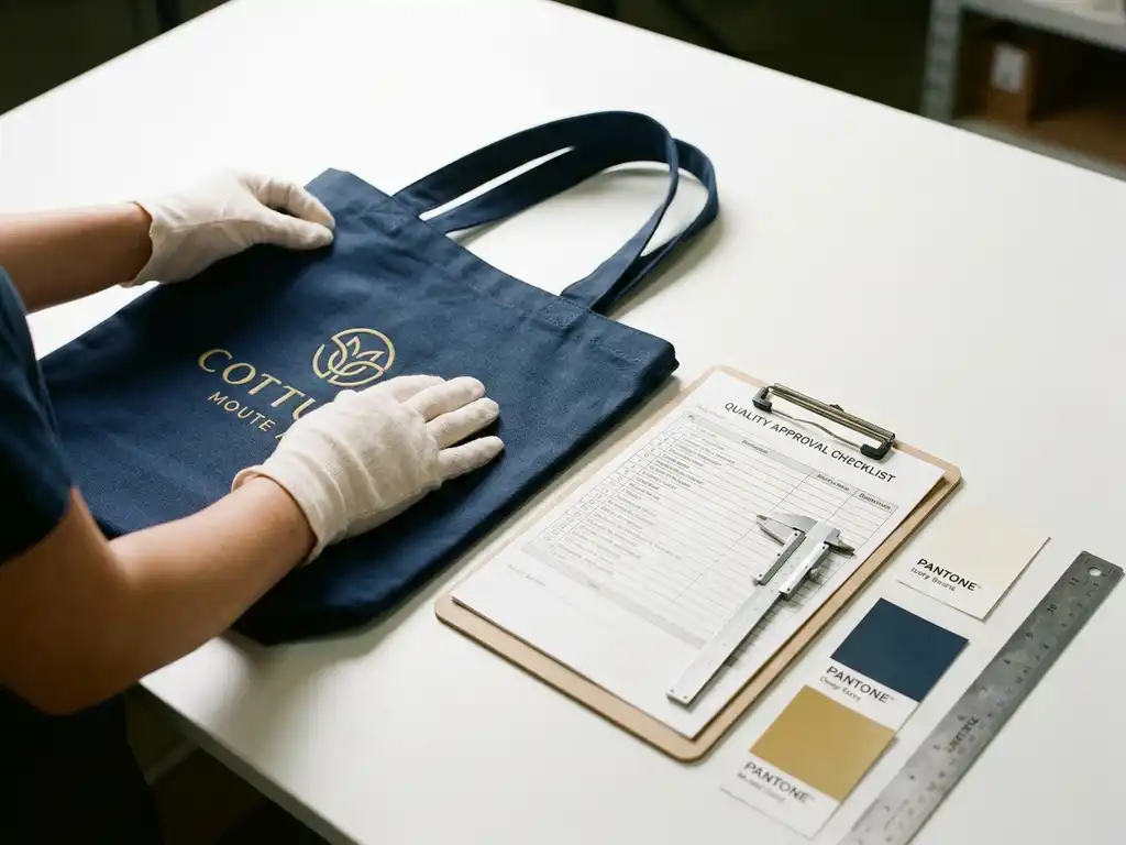 Kwaliteitsinspecteur onderzoekt promotioneel product op witte tafel met goedkeuringslijst, meetgereedschap en kleurstalen.