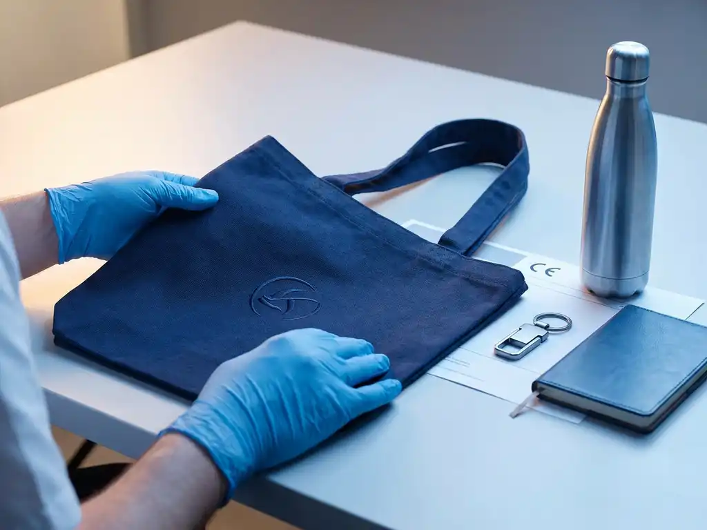 Kwaliteitscontroleur in handschoenen inspecteert promotionele tas met CE-certificaat en productsamples op witte werktafel.