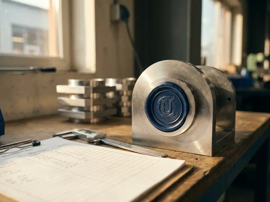 Kwaliteitscontrolestempel op afgewerkt productmonster, omringd door klembord, schuifmaat en prototypes op inspectietafel.
