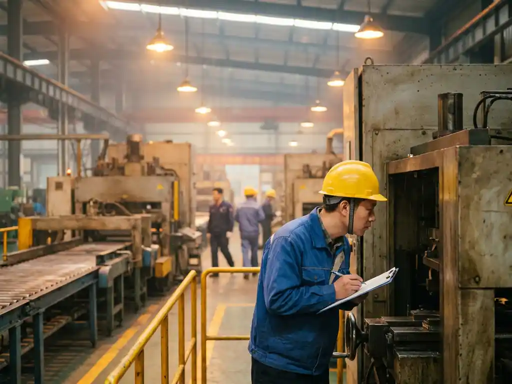 Kwaliteitsinspecteur met helm en klembord controleert machines in Chinese fabriek, arbeiders en productieapparatuur op achtergrond.