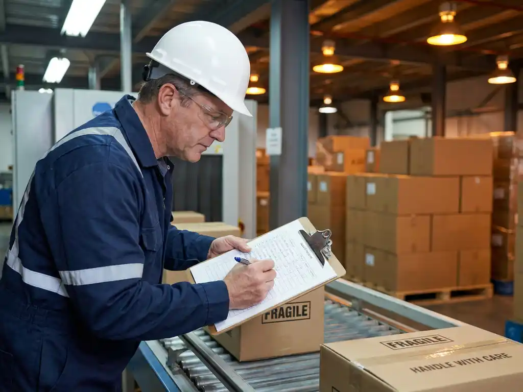 Kwaliteitsinspecteur met helm controleert checklist op klembord naast lopende band met verpakte consumentengoederen in fabriek.