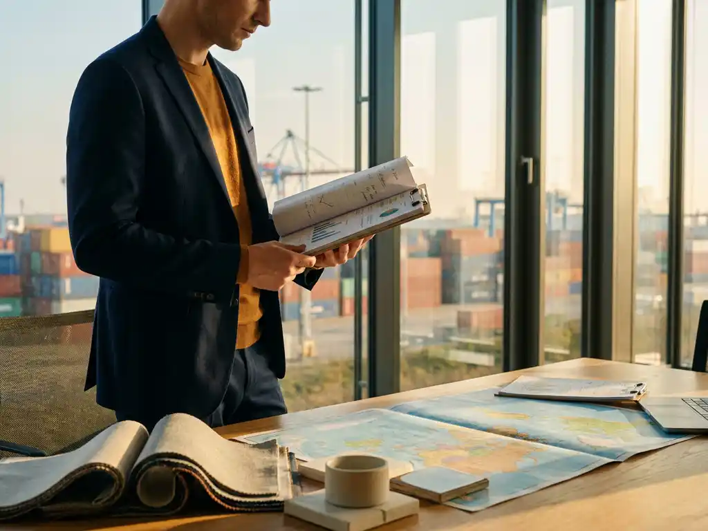 Zakenman in modern Europees kantoor met kwaliteitsinspectierapport op klembord, scheepscontainer zichtbaar door raamwand, productmonsters op bureau.