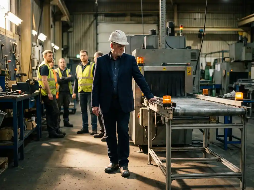 Ervaren kwaliteitsmanager met helm en jasje legt hand op stilgevallen transportband, werkers wachten op aanwijzingen op drukke fabriekswerkvloer.