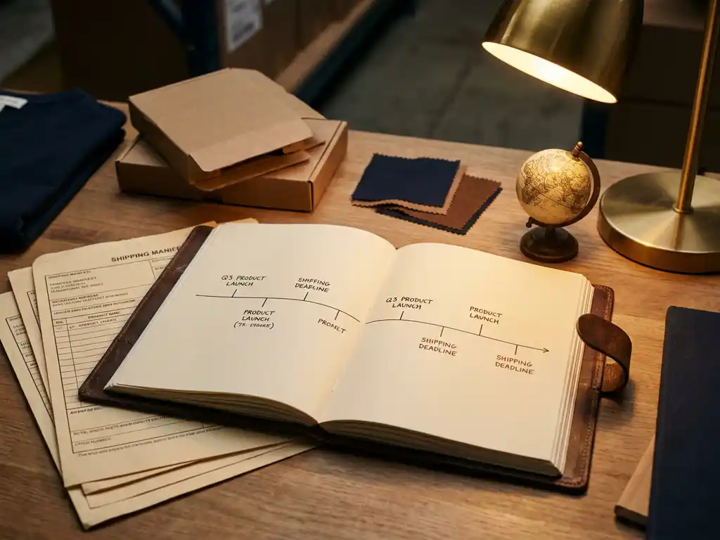 Opengeslagen leren planner met tijdlijnschema op magazijnbureau, omringd door verzenddocumenten, productmonsters en een kleine wereldbol.
