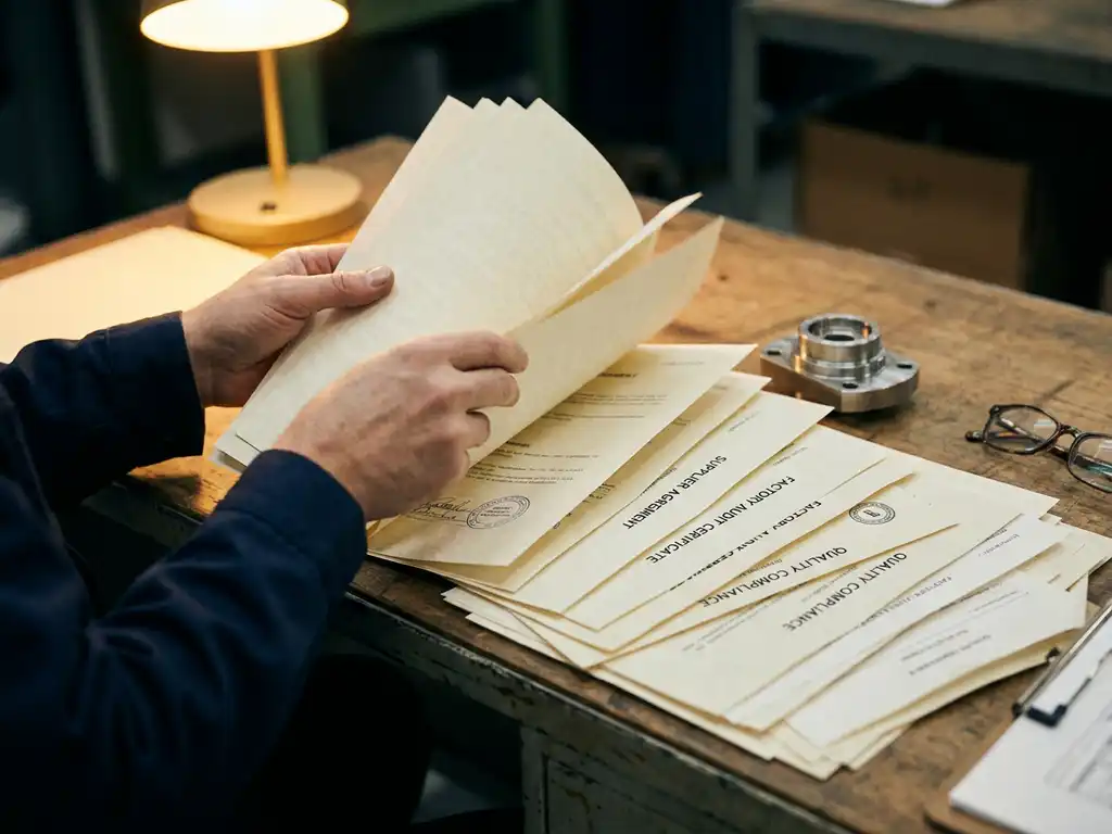 Inkoopspecialist controleert leveranciersdocumenten, fabrieksauditcertificaten en kwaliteitspapieren op een industrieel bureau met productmonster.
