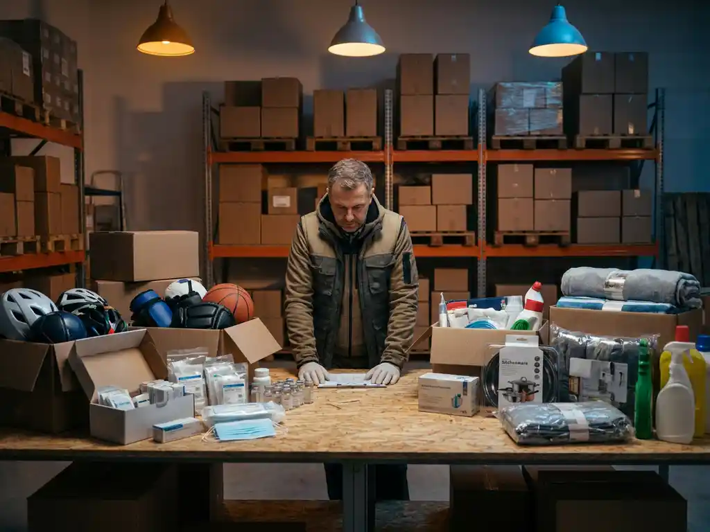 Logistiek manager bekijkt medische benodigdheden, sportartikelen en huishoudgoederen op sorteertafel in magazijn.