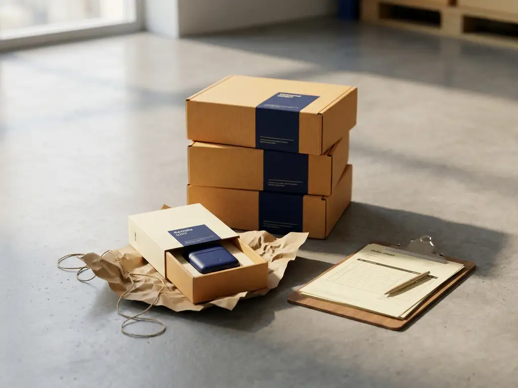 Kleine stapel identieke productdozen op magazijnevloer naast een voorbeeldproduct, clipboard met orderformulieren en verpakkingsmateriaal.