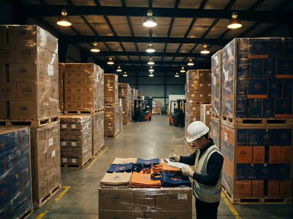 Kwaliteitsinspecteur met helm controleert klembord in magazijn vol pallets met gepersonaliseerd promotiemateriaal en bedrukte verpakkingen.