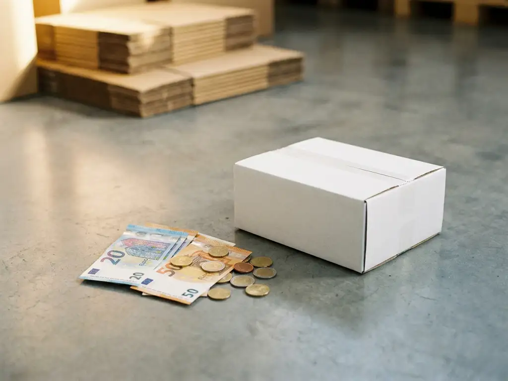 Euro biljetten en munten naast een witte productdoos op betonnen vloer, met kartonnen dozen op de achtergrond.