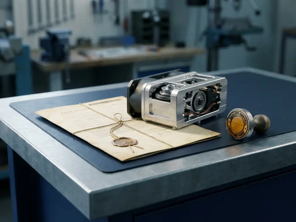 Geseald patentdocument onder een productprototype op een fabrieksinspectietafel, met een kwaliteitsstempel op de achtergrond.