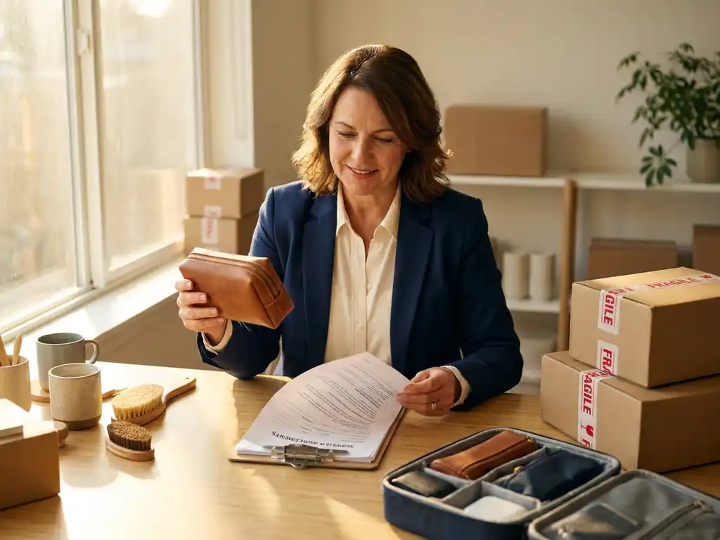Ondernemer bekijkt productmonsters op modern bureau met verzenddozen, klembord en consumentenartikelen in warm natuurlijk licht.
