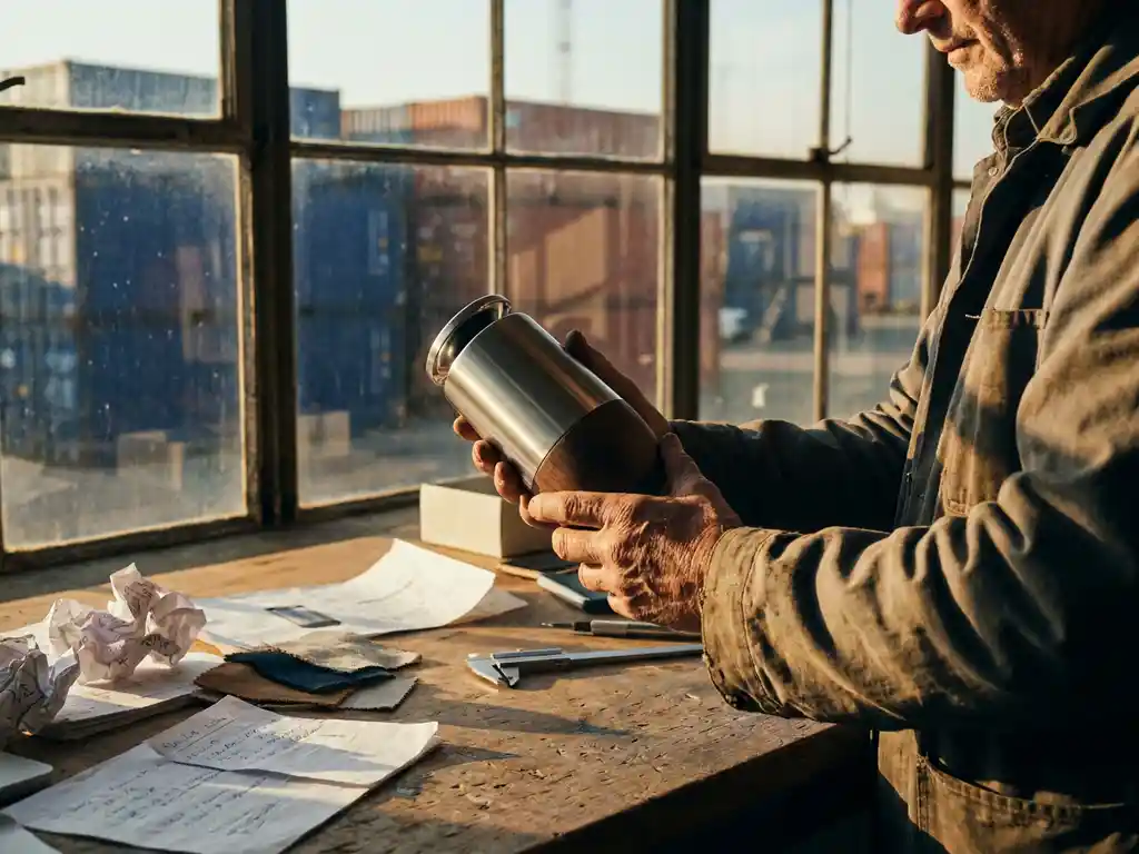 Verweerde handen van een ondernemer die een gepolijst productprototype vasthouden boven een fabriekswerkvloer met scheepscontainers op de achtergrond.