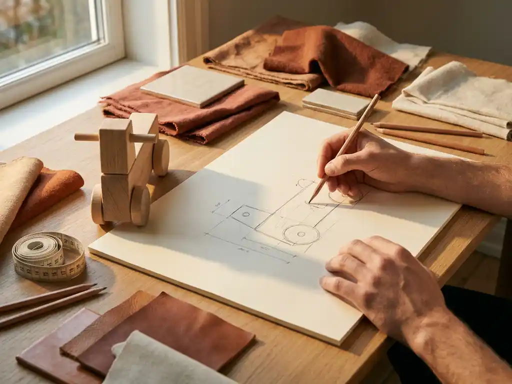 Handen die een productblauwdruk schetsen naast een prototype, omringd door stoffen, materiaalstalen en meetlint op een werktafel.