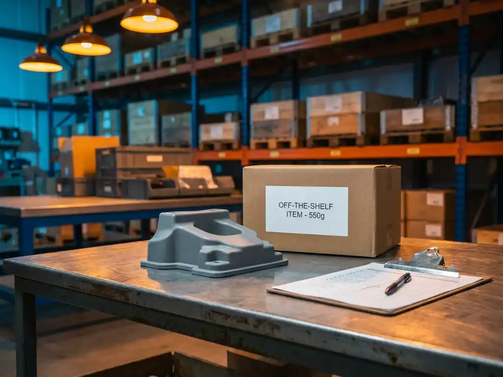 Op maatvervaardigde productprototype naast een standaard verpakt artikel op een kwaliteitscontrole-inspectietafel in een industrieel magazijn.