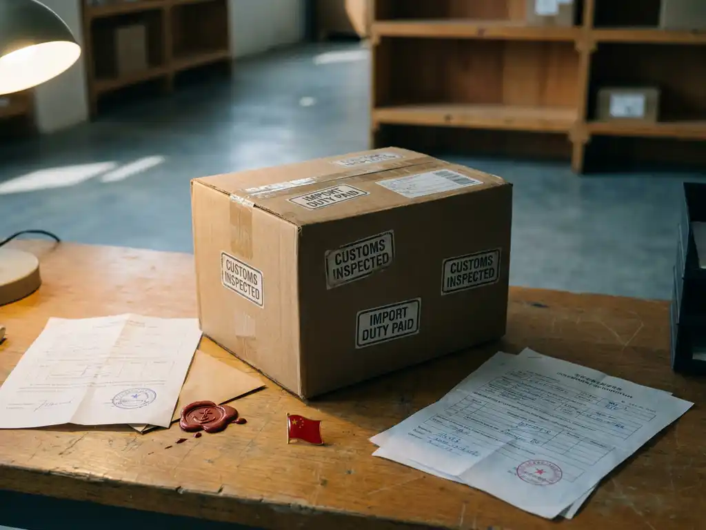 Verzegelde kartonnen verzenddoos met douanestickers op bureablad, omringd door importdocumenten, rood zegellak en Chinees vlagpinnetje.