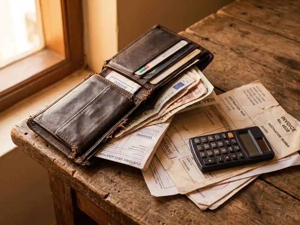 Versleten leren portemonnee met buitenlandse bankbiljetten, douanedocumenten en een rekenmachine op een houten bureau.