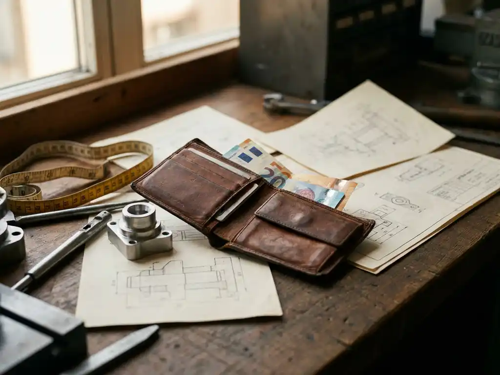 Versleten leren portemonnee met eurobiljetten en productprototype op werkbank, omringd door technische schetsen en meetlint.