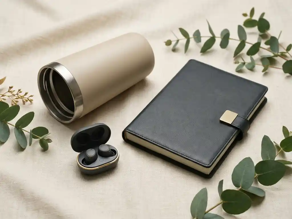 Premiumcadeaus voor bedrijven: geïsoleerde tumbler, leren notitieboek en draadloze oordopjes op ivoren linnen met eucalyptustakjes.