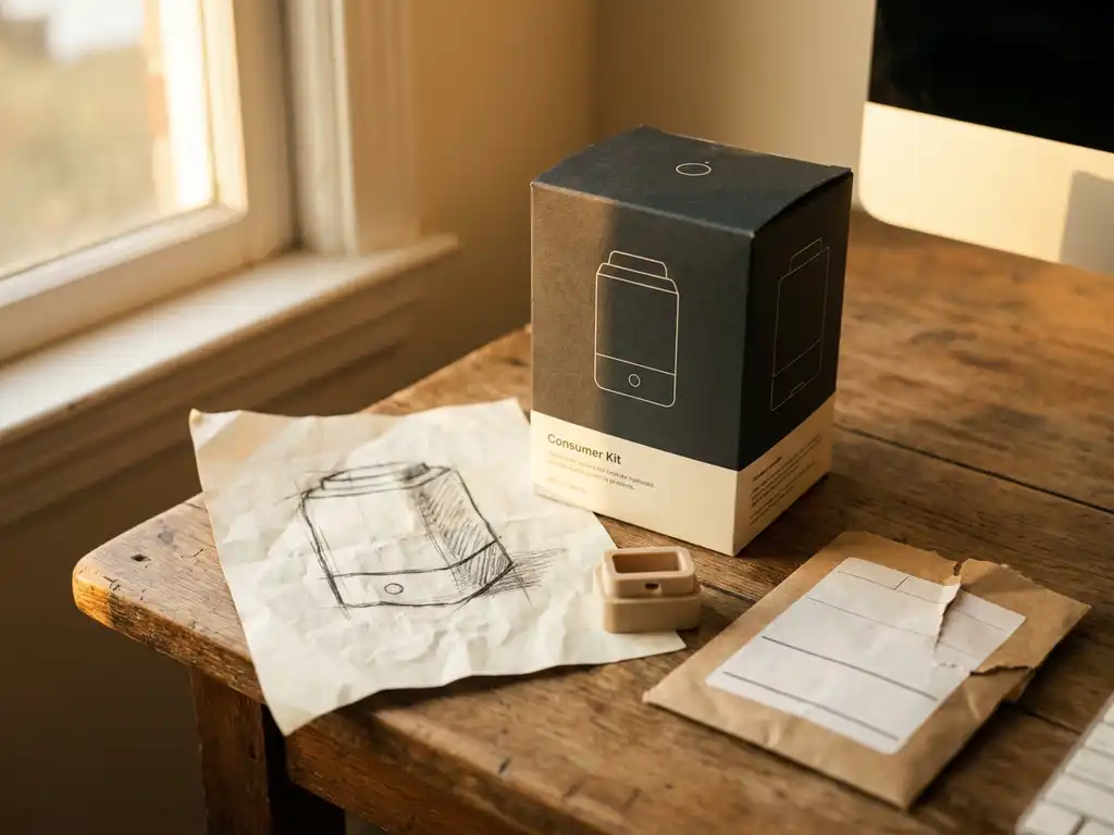 Afgewerkt consumentenproduct in strakke verpakking naast handgetekende schets, prototype en verzendlabel op houten bureau, warm gouden zijlicht.